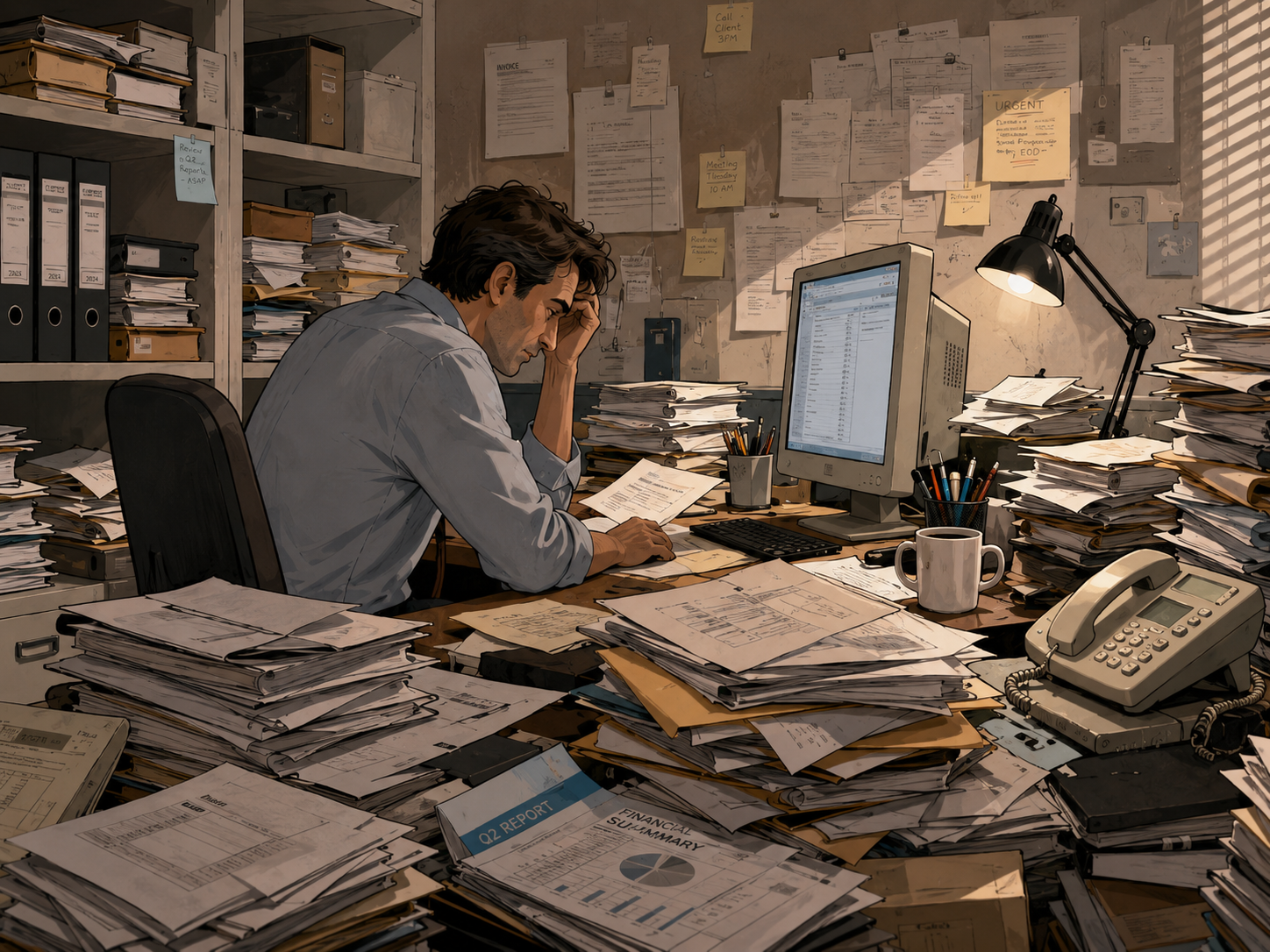 Escritorio saturado de papeles, carpetas y notas: la administración sin método